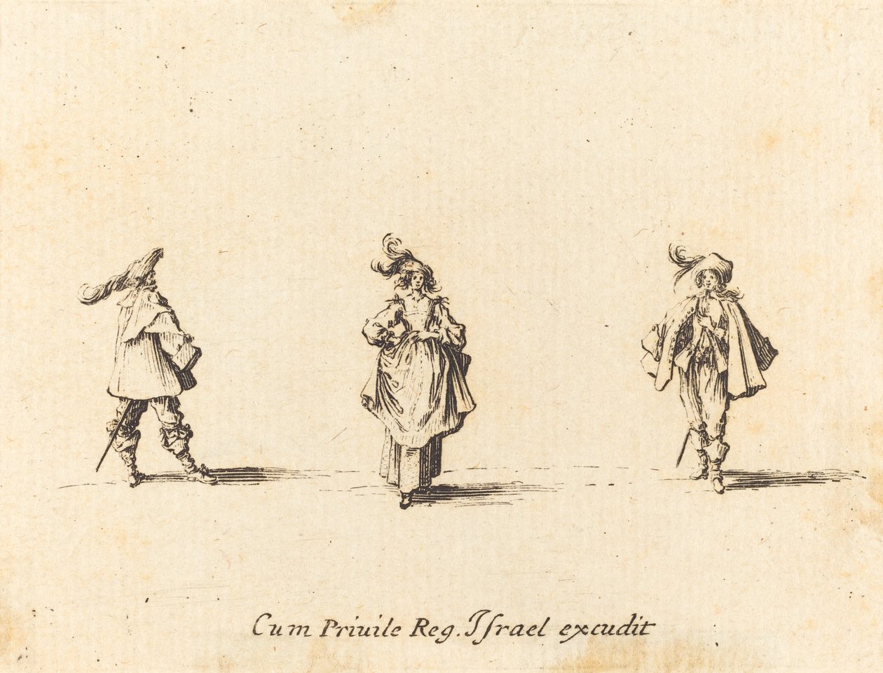 Senhora com plumas e dois cavalheiros de Jacques Callot