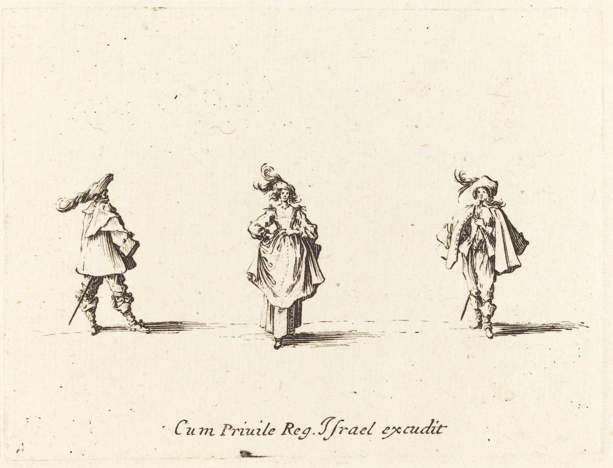 Senhora com plumas e dois cavalheiros de Jacques Callot