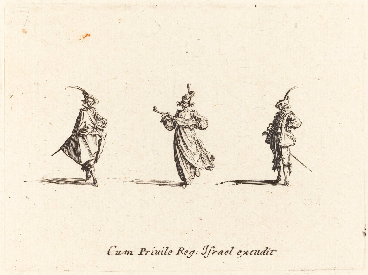Senhora com instrumento de cordas e dois cavalheiros de Jacques Callot