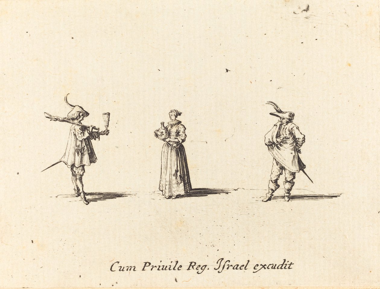 Senhora com garrafa de vinho e dois cavalheiros de Jacques Callot