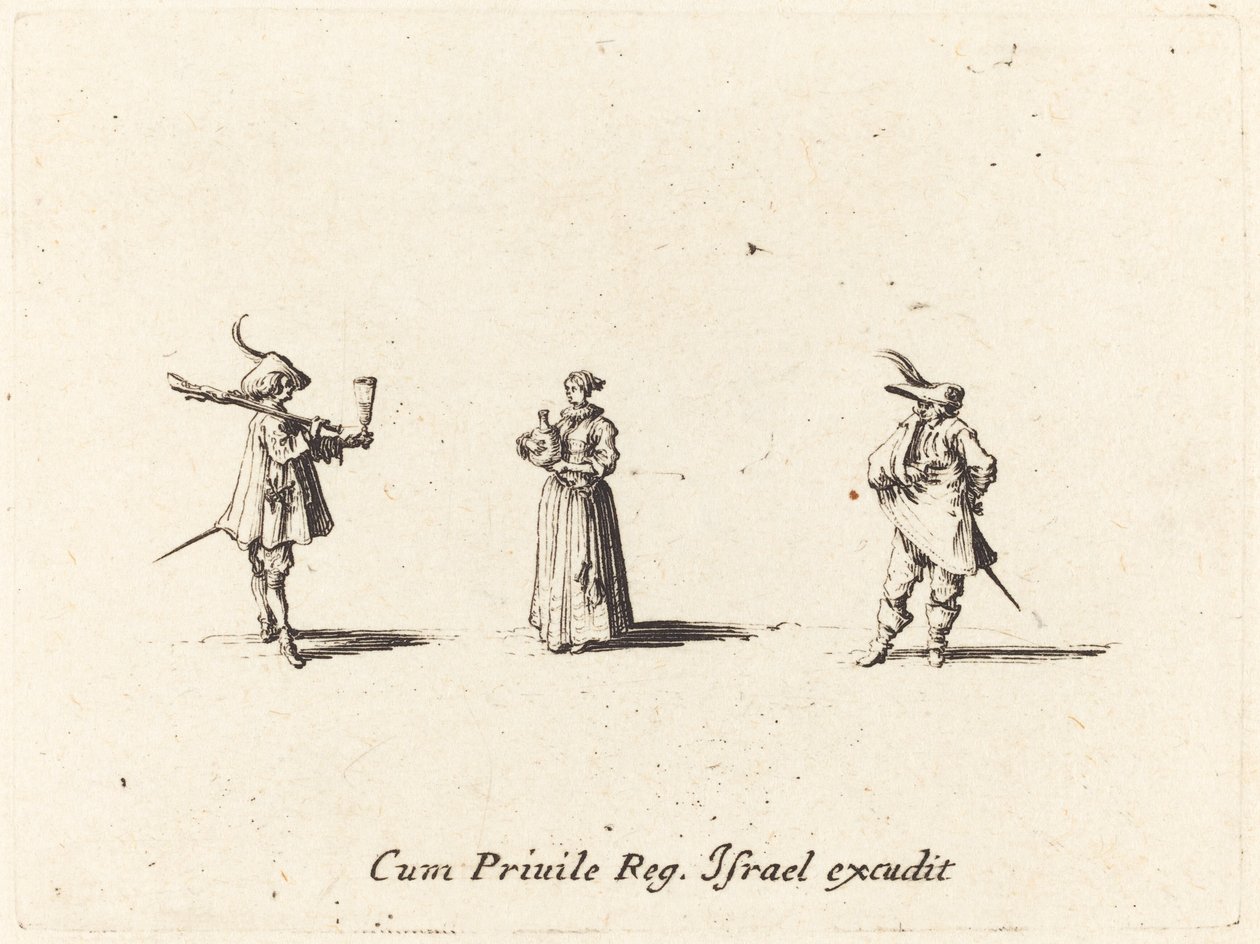 Senhora com garrafa de vinho e dois cavalheiros de Jacques Callot