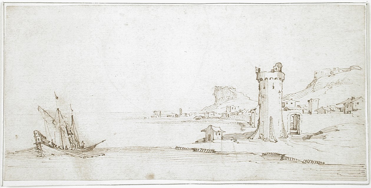 Paisagem com torre e barco de Jacques Callot