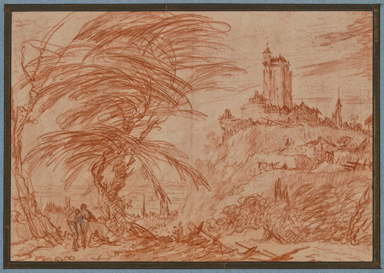 Landschaft, rechts auf einem Hügel ein großer Turm, links eine Baumgruppe und einige Figuren de Jacques Callot