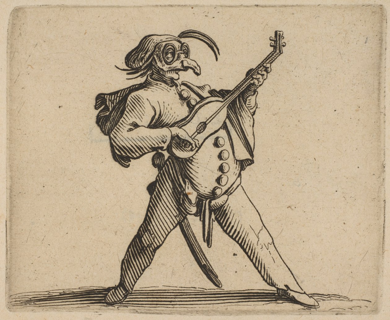 O comediante mascarado tocando violão O comediante mascarado tocando violão, de ..., 1616-22. de Jacques Callot