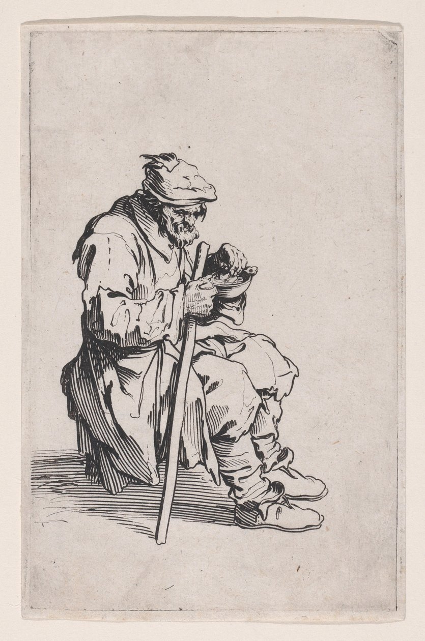 O mendigo sentado e a comer, de «Les Gueux, suite appelée aussi Les Mendiants, Les Baroni, ou Les Barons» de Jacques Callot