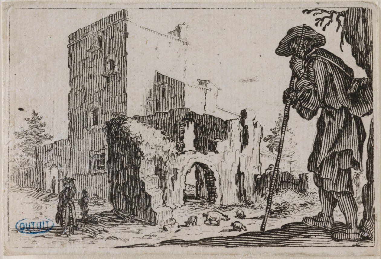 Os caprichos, O pastor e as ruínas. Quinto número da série de 50 gravuras executadas em Nancy (Lieure 432, Meaume 777) de Jacques Callot