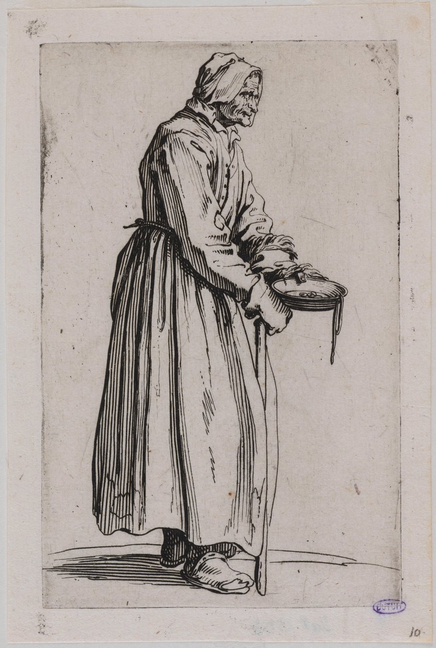 Os Mendigos, A Mendiga com o prato de esmolas. Vigésimo número de uma série de 25 peças (Lieure 498, Meaume 704) de Jacques Callot