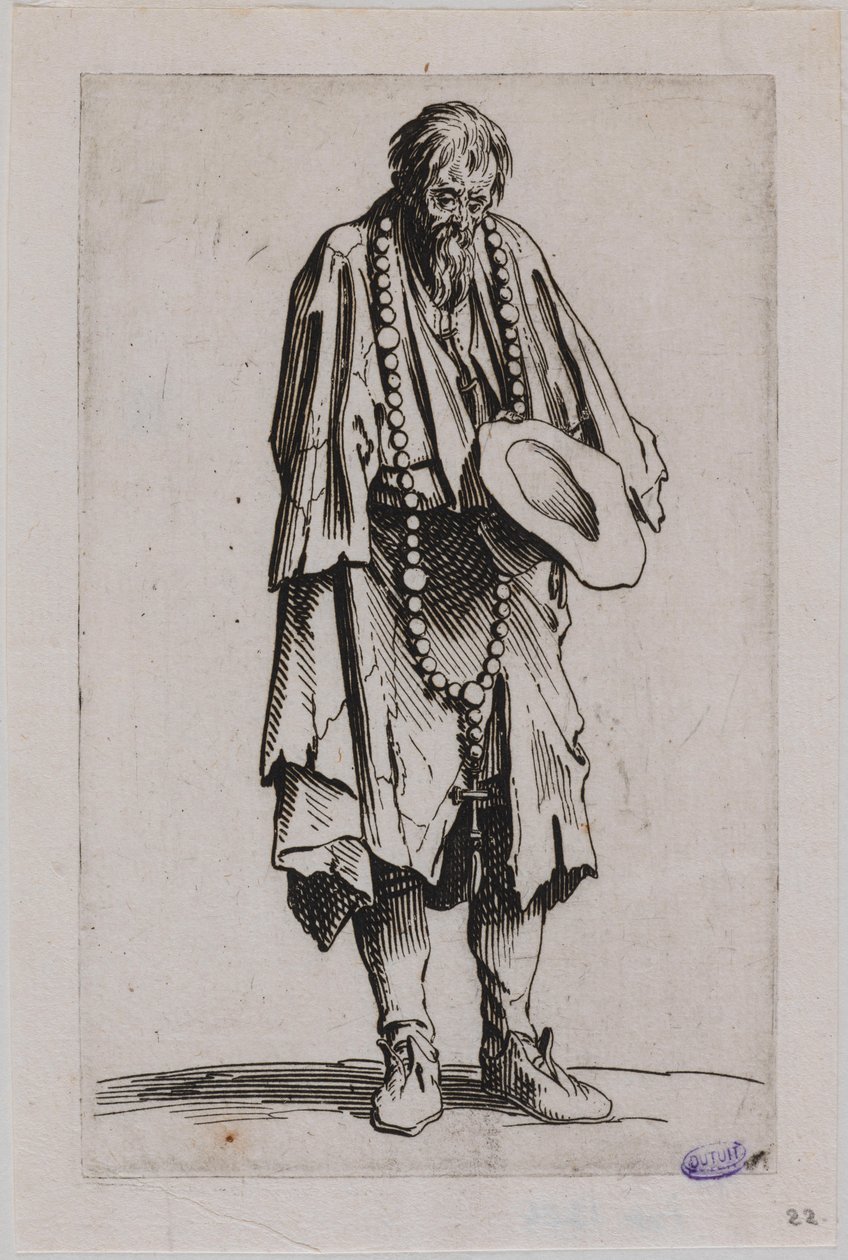 Os Mendigos, O Mendigo com o rosário. Décimo primeiro número de uma série de 25 peças (Lieure 489, Meaume 695) de Jacques Callot