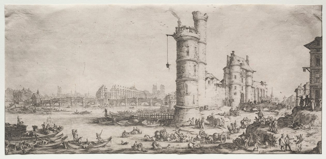 As duas excelentes vistas de Paris: Vista do Pont Neuf, 1628-1630. de Jacques Callot