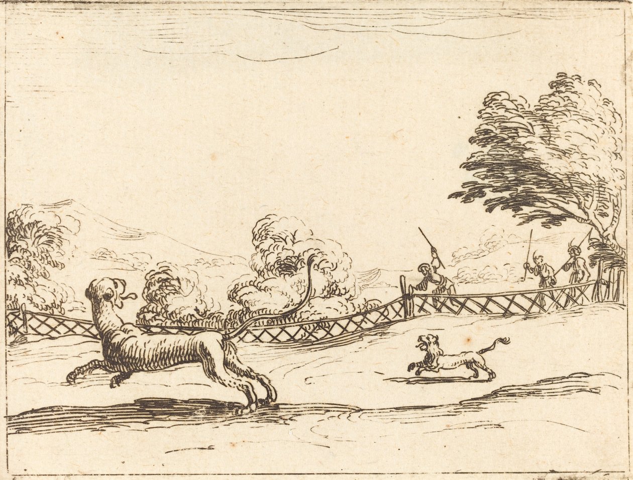 Leoa e filhote perseguidos por caçadores de Jacques Callot