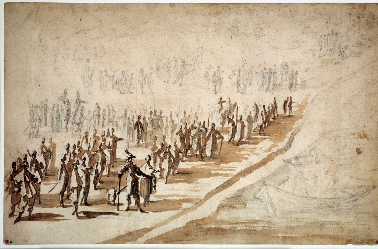 Luís XIII (1601-1643) e Richelieu (1585-1642) que frequentam o departamento das tropas para a Ilha de Re. Desenho de Jacques Callot (1592-1635) de Jacques Callot