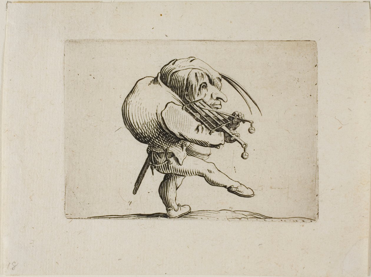 Homem tocando um grill como violino, de Varie Figure Gobbi de Jacques Callot