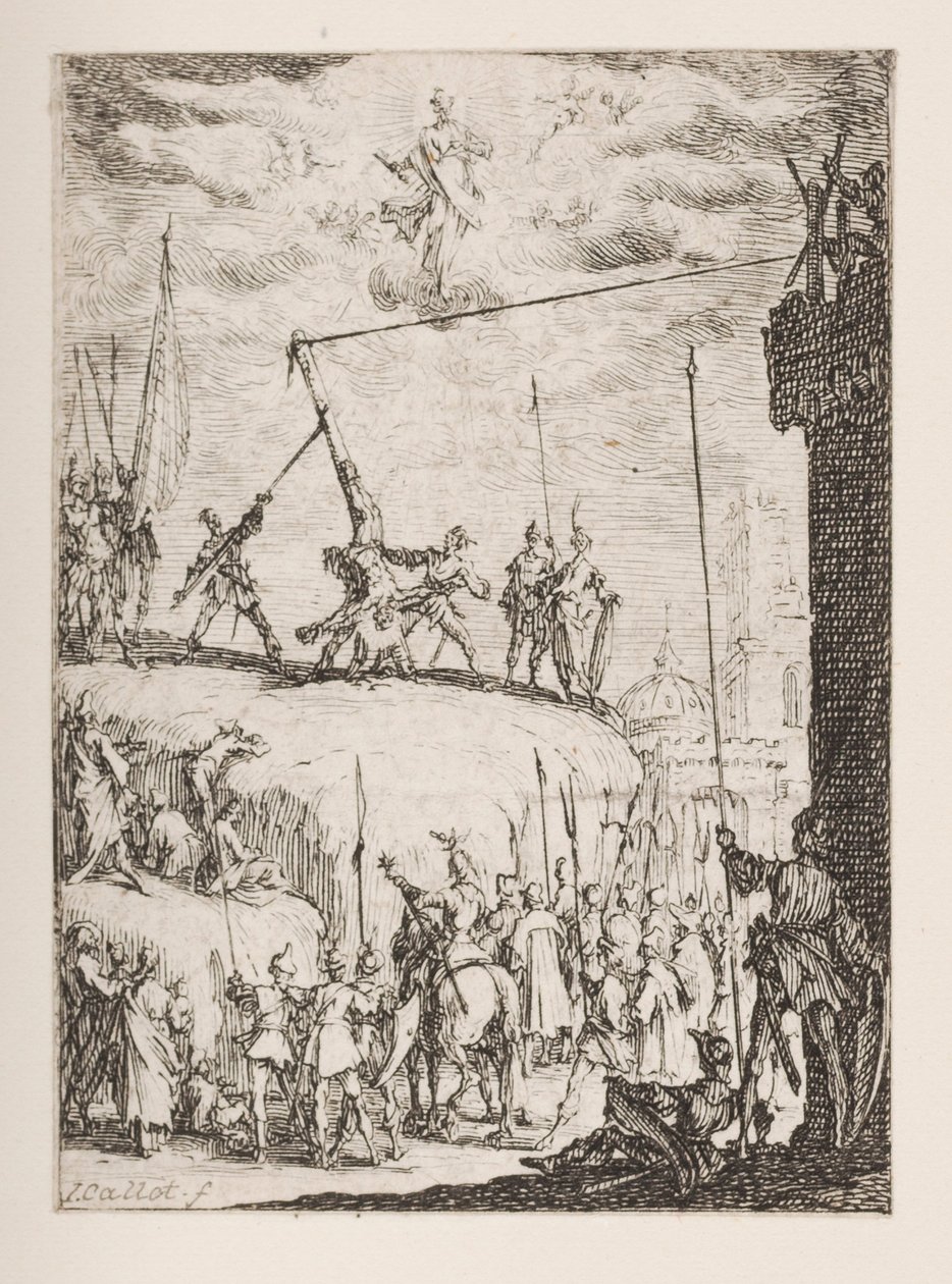 Martírio de São Pedro, não. 4 de The Martyrdom of the Apostles (O Martírio dos Apóstolos) de Jacques Callot