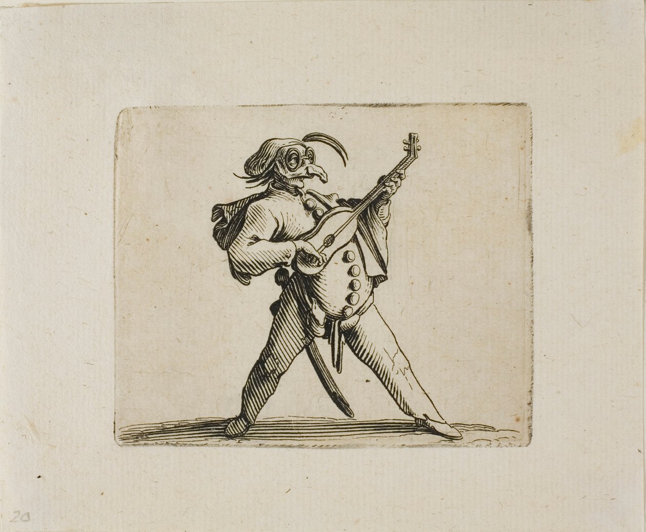 Comediante mascarado tocando guitarra, de Varie Figure Gobbi de Jacques Callot