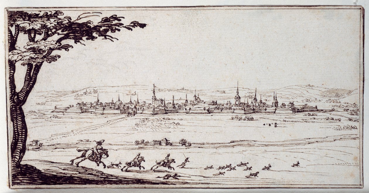 Nancy à distância: harriers perseguindo uma lebre (caneta e tinta marrom sobre papel) de Jacques Callot