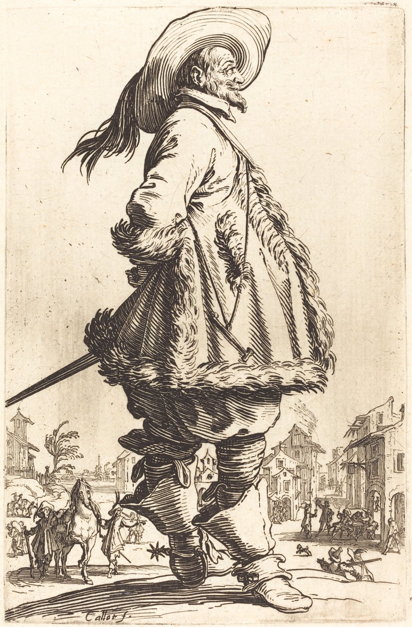 Homem nobre com manto aparado em pele, segurando as mãos atrás das costas de Jacques Callot