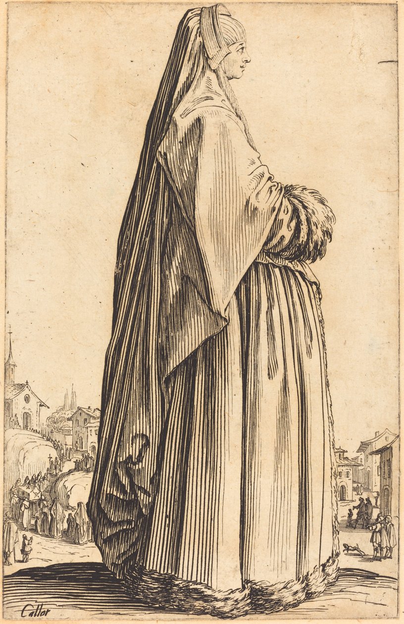 Mulher nobre usando um véu e um vestido enfeitado em pele de Jacques Callot