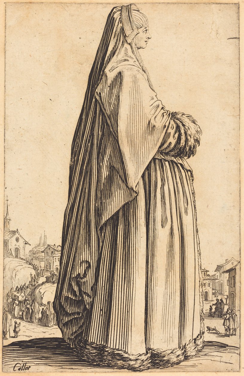 Mulher nobre com véu e vestido guarnecido de pele de Jacques Callot