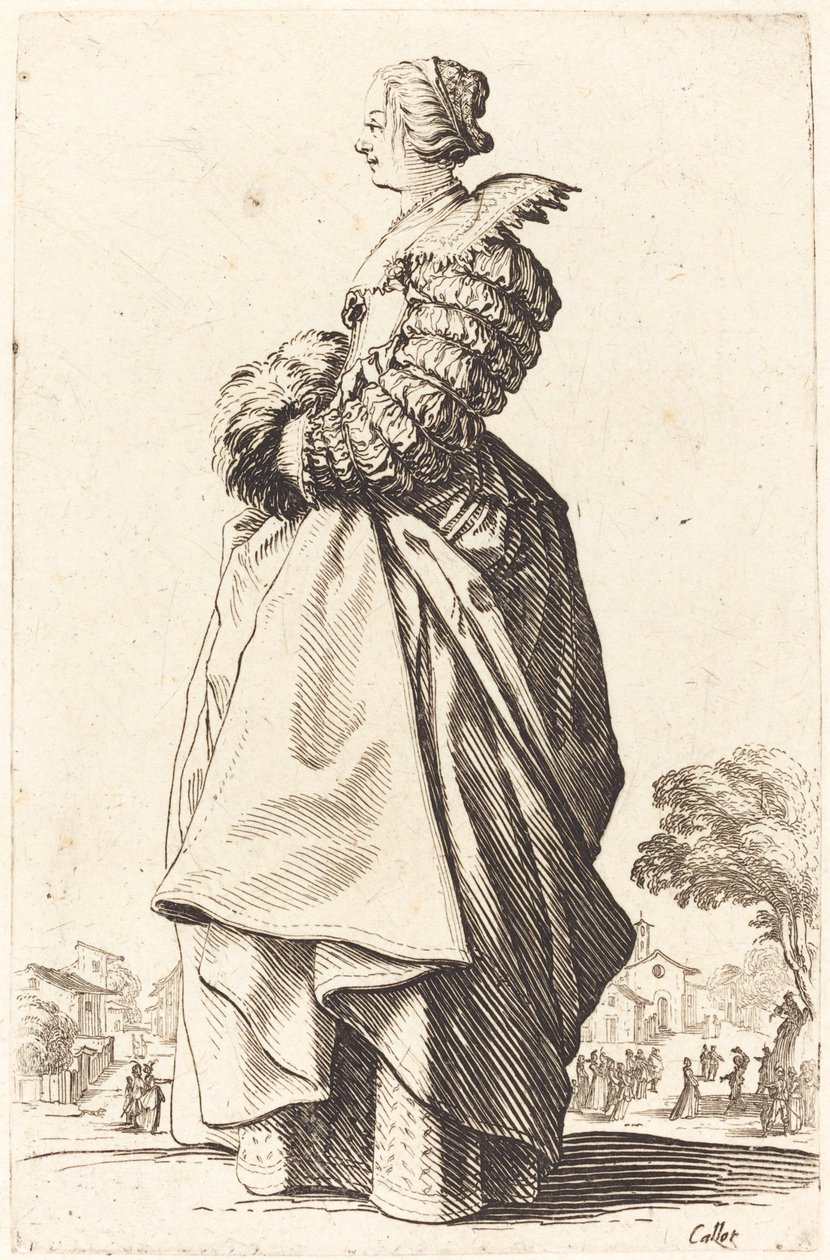 Mulher nobre de perfil com as mãos em um regalo de Jacques Callot