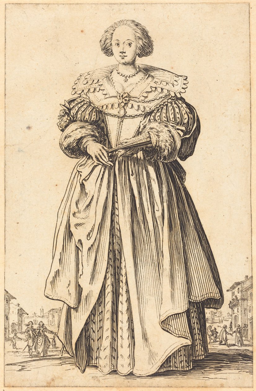 Mulher da alta sociedade com leque de Jacques Callot