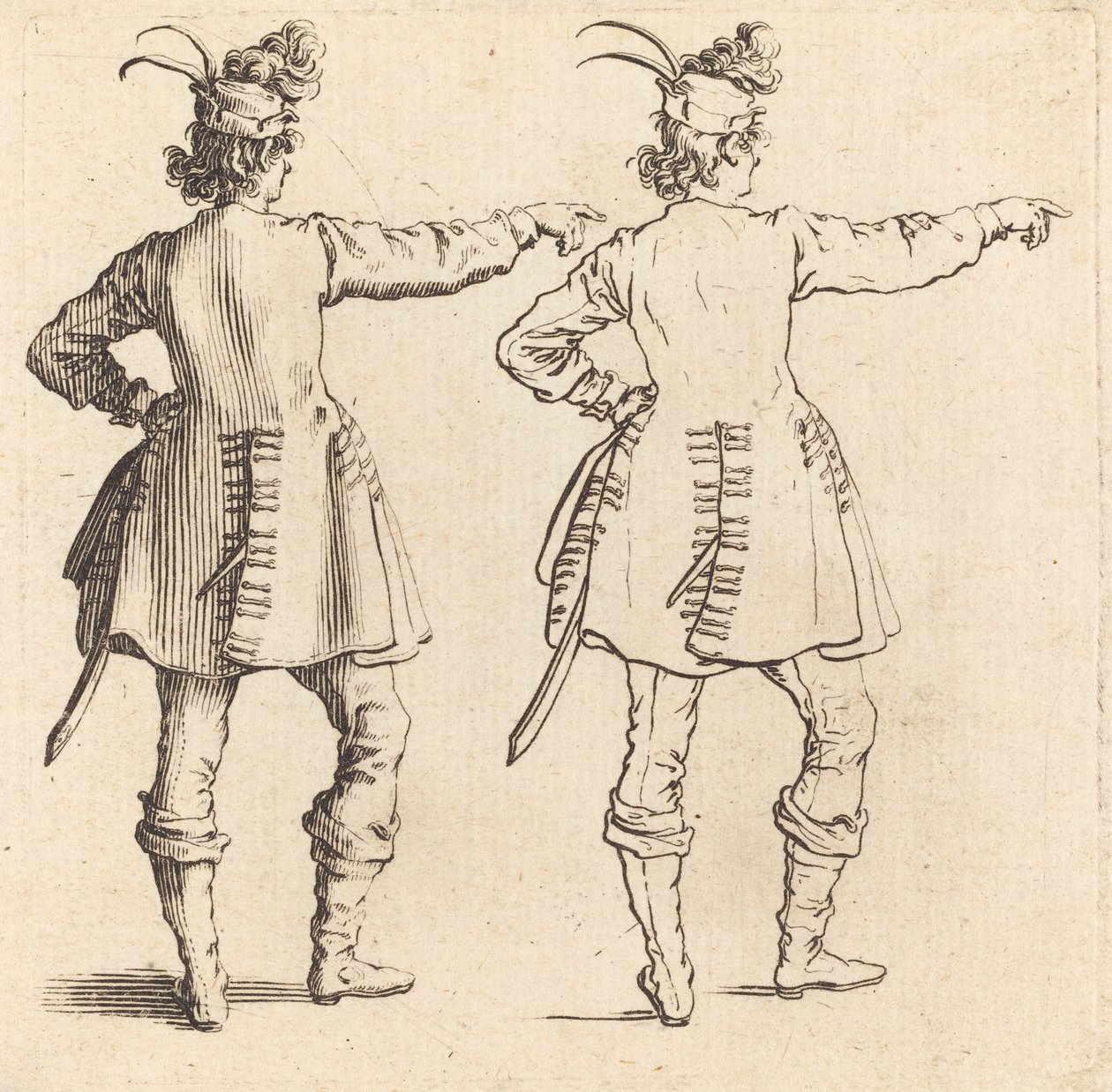 Oficial com penas no boné, visto de trás de Jacques Callot