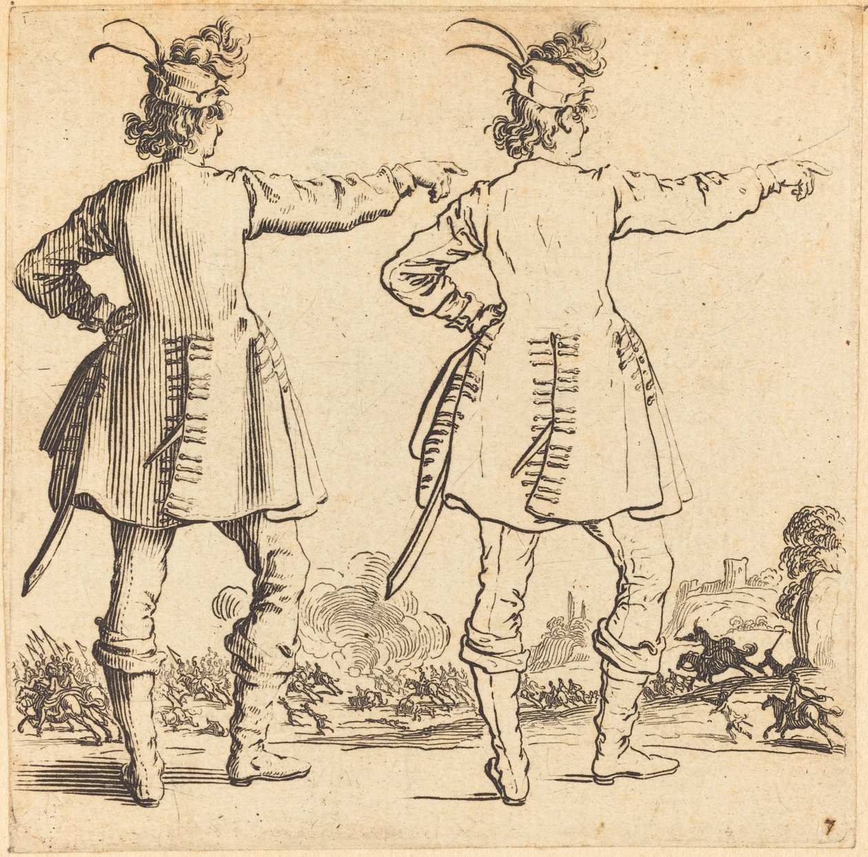 Oficial com penas no boné, visto de trás, 1617 e 1621. de Jacques Callot