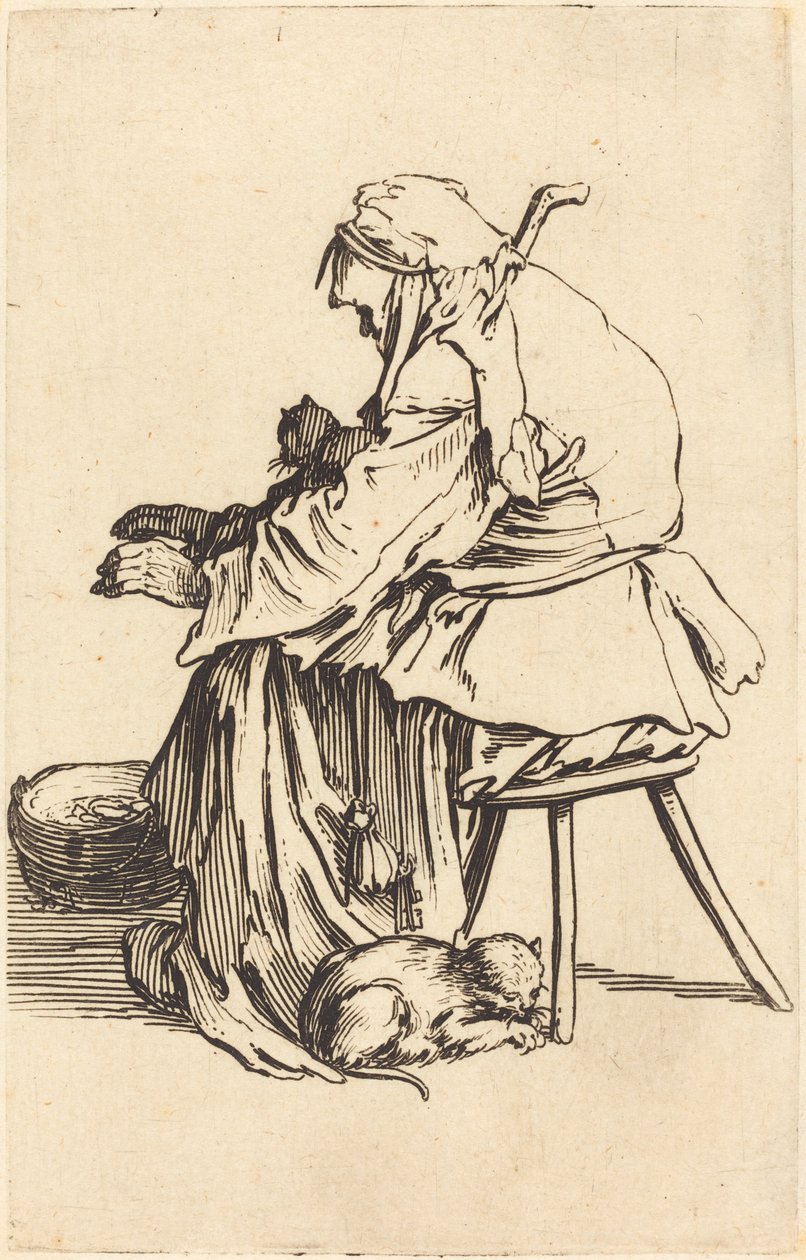 Velha Mulher com Gatos, c. 1622. de Jacques Callot
