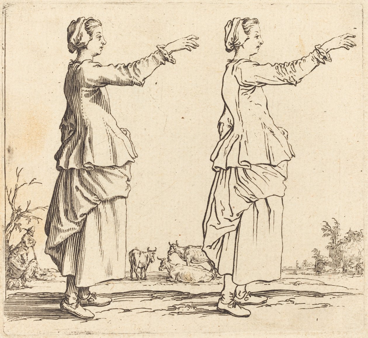 Mulher Camponesa, em Perfil, Virada para a Direita, com Braço Estendido, 1617 e 1621. de Jacques Callot