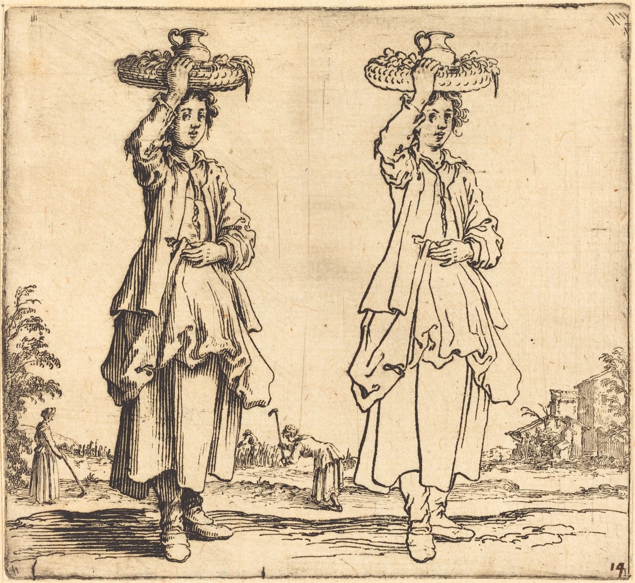 Mulher camponesa com cesta na cabeça, vista frontal de Jacques Callot