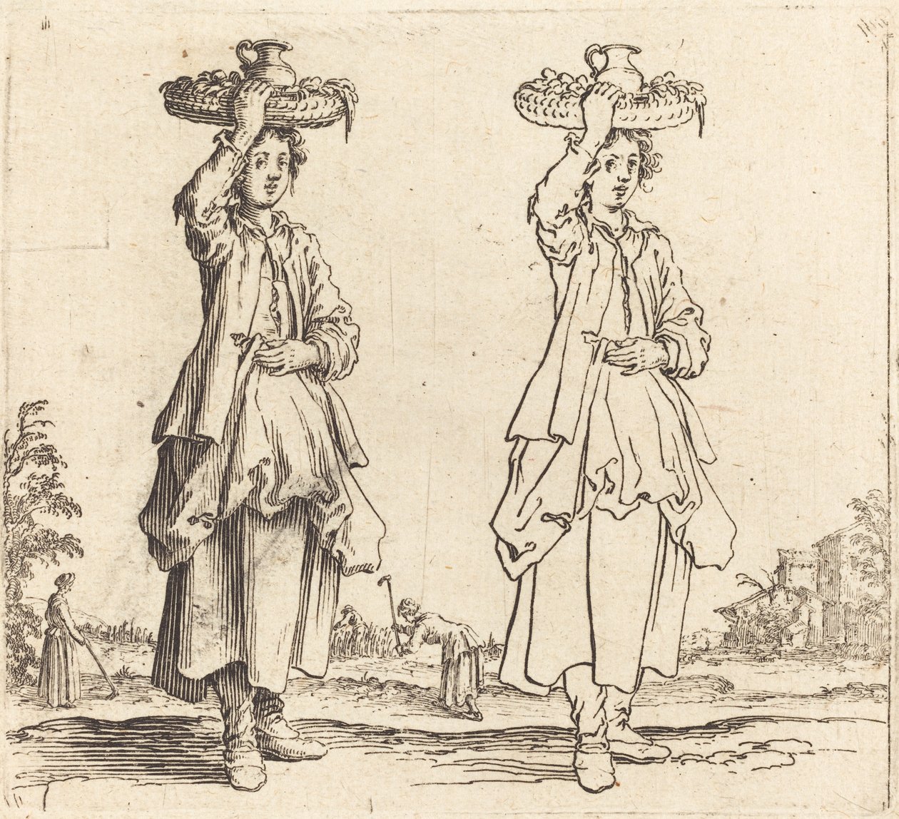 Mulher camponesa com cesta na cabeça, vista frontal de Jacques Callot