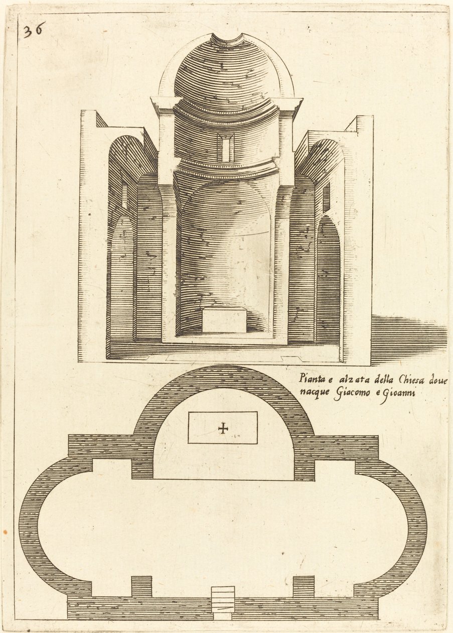 Plano e Elevação da Igreja dos Santos Tiago e João, 1619. de Jacques Callot