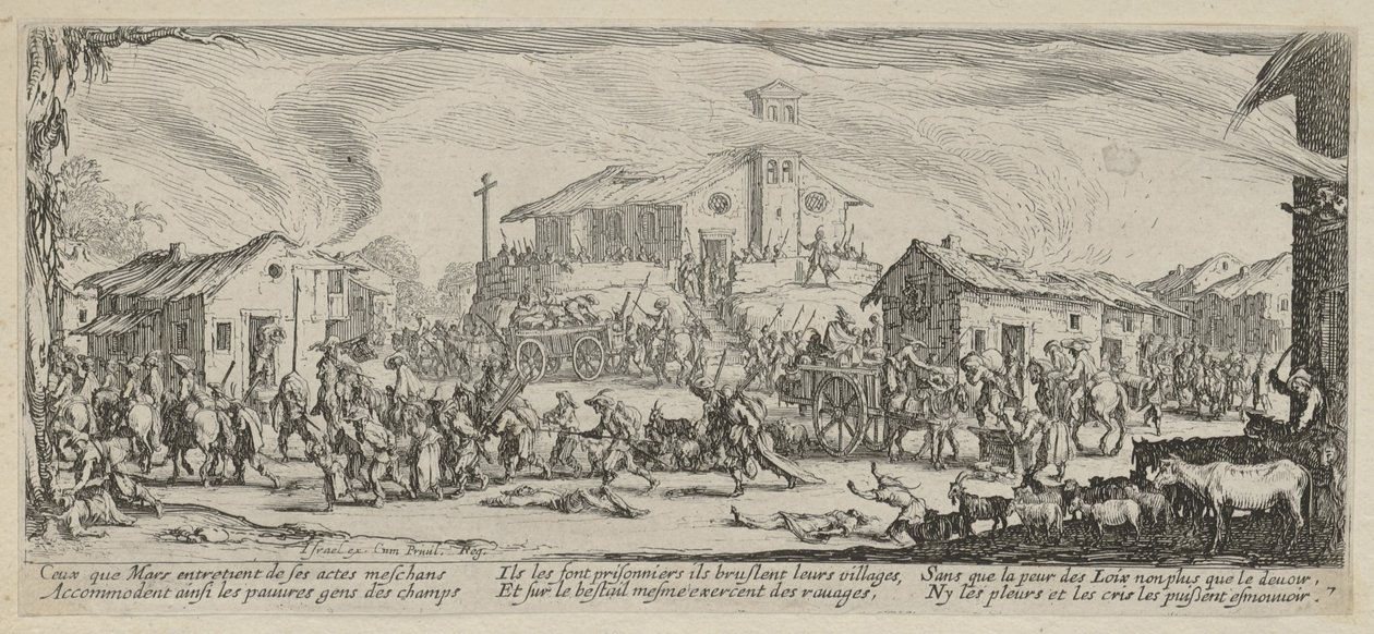 Saque e incêndio de uma aldeia, página 7 da série «Os horrores da guerra» de Jacques Callot