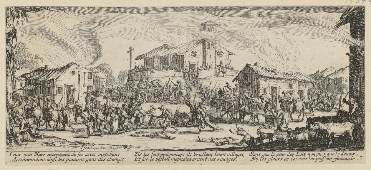 Saque e incêndio de uma aldeia, prancha 7 da série «Misérias da guerra» de Jacques Callot