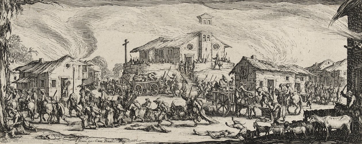Saqueando e queimando uma vila, 1633 (gravura sobre papel) de Jacques Callot