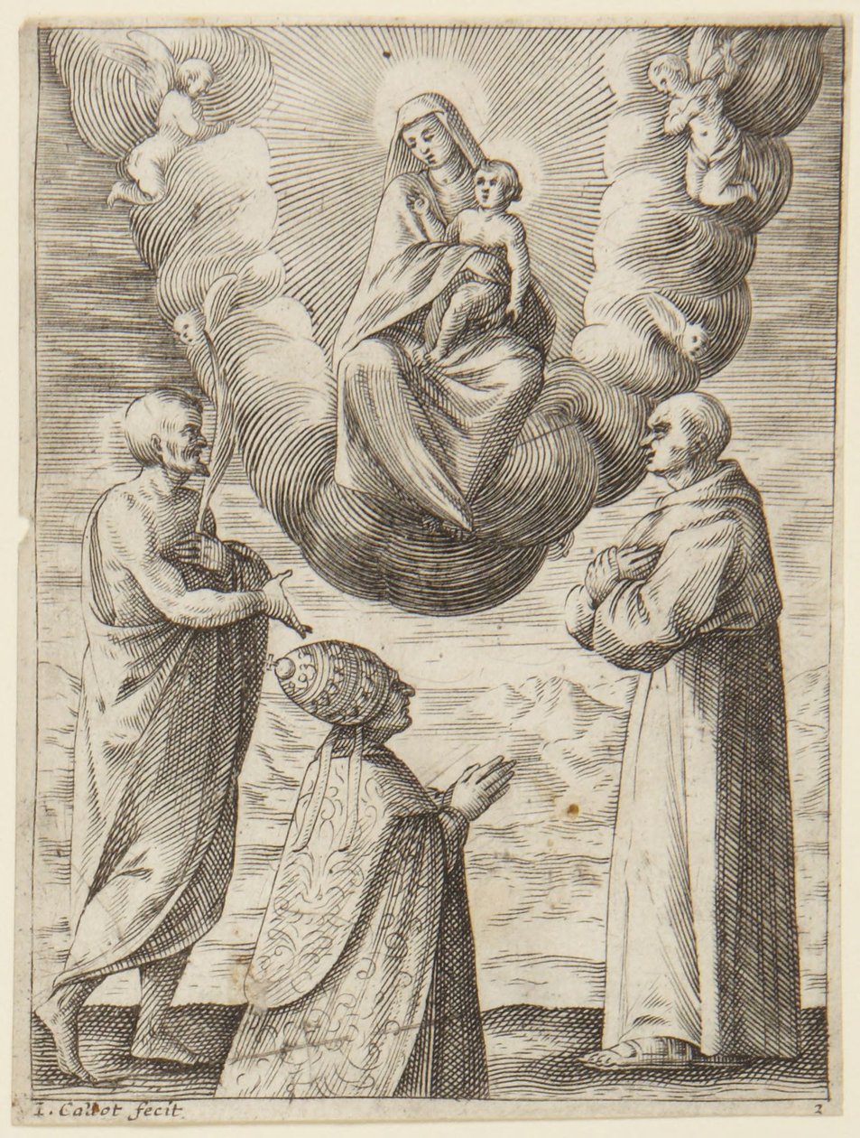 O Papa Bonifácio VIII com São Francisco e São Crispim adorando a Virgem e o Menino Jesus de Jacques Callot