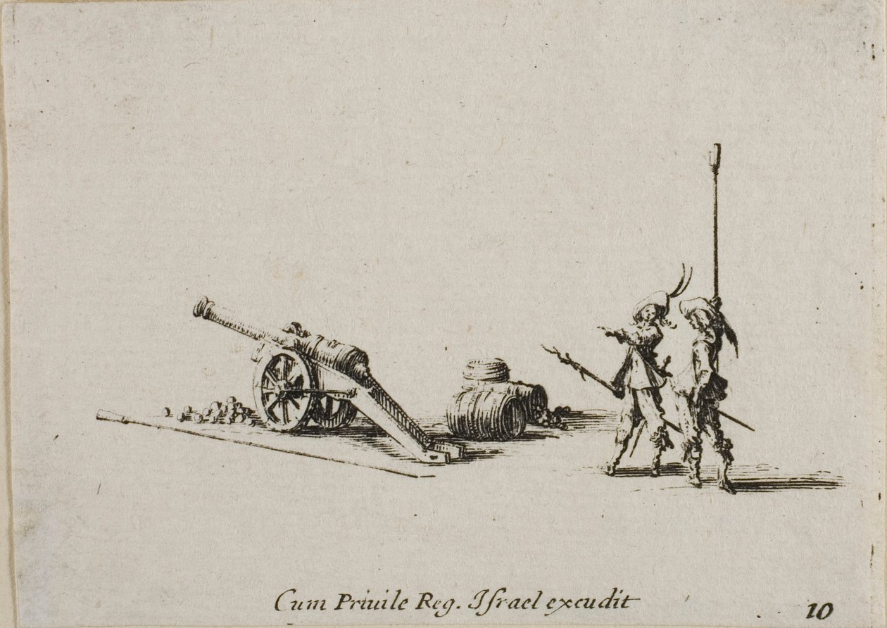 Preparando-se para disparar o Canon, placa dez dos Exercícios Militares de Jacques Callot