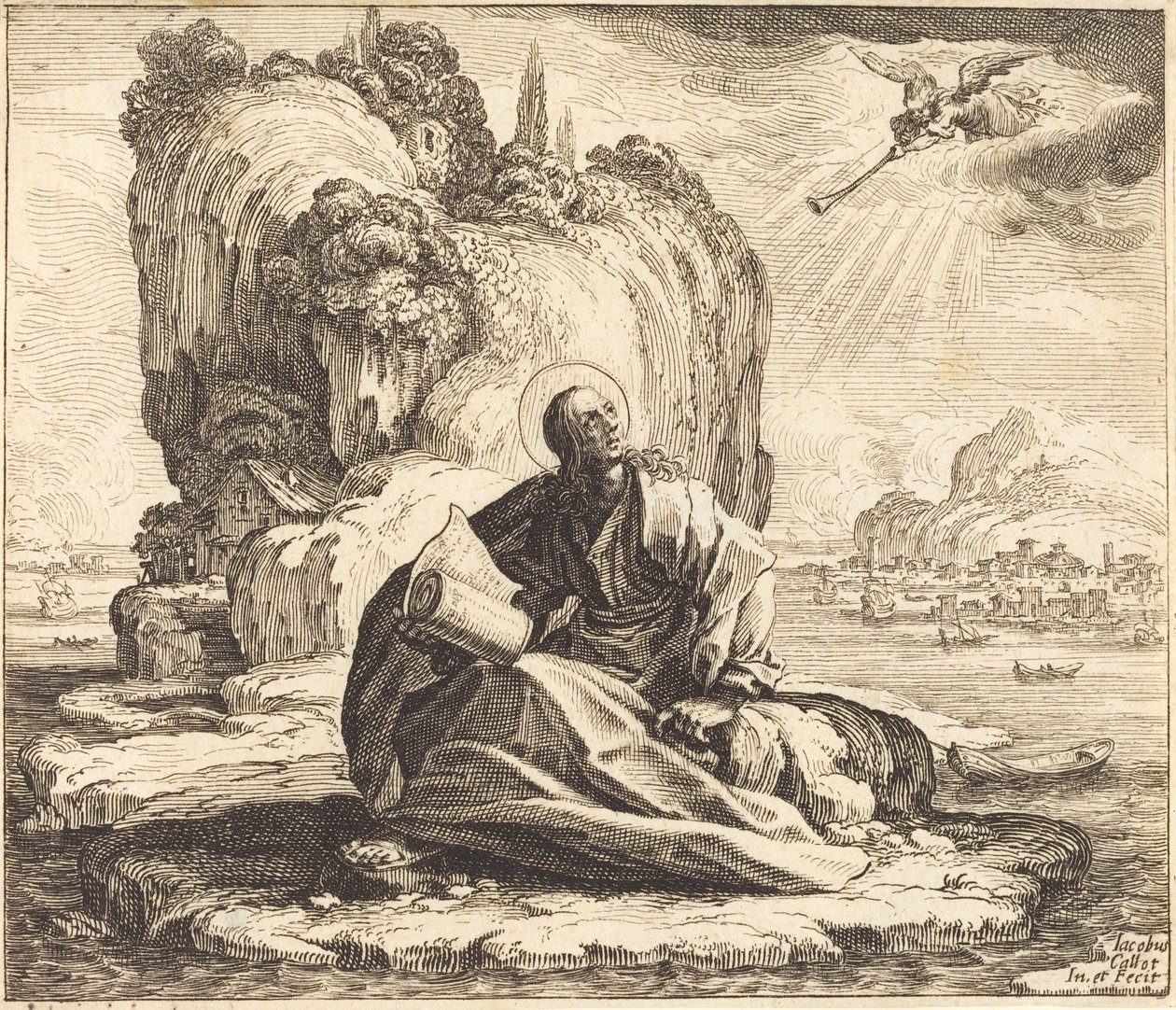 São João na Ilha de Patmos, 1625. de Jacques Callot