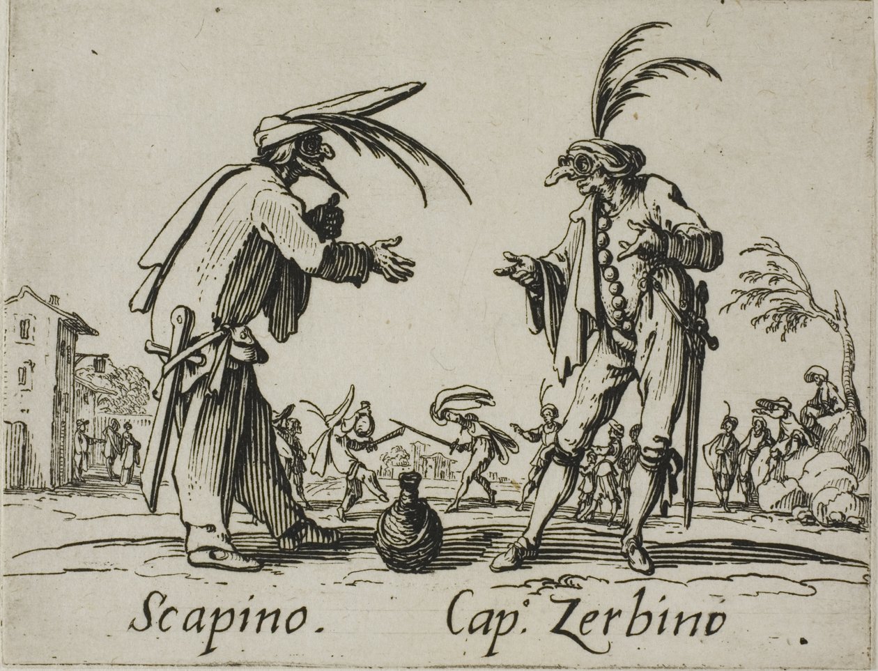 Scapino - Capitão Zerbino, placa 12 de Balli di Sfessania de Jacques Callot
