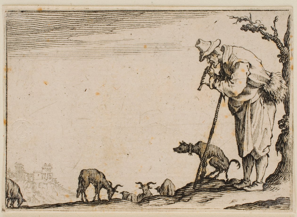 Pastor a tocar flauta, da obra «Os Caprichos» (Edição de Florença) de Jacques Callot