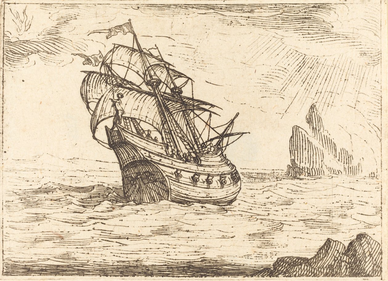 Navio navegando perto de rochas de Jacques Callot
