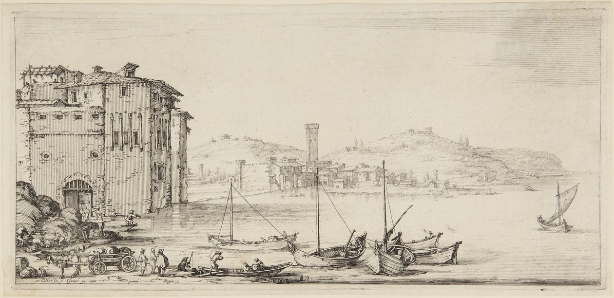 Navios a ser carregados, da série Diverse Vedute Designate in Fiorenza (Diversas paisagens concebidas em Florença) de Jacques Callot