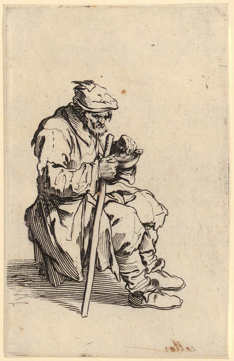 Mendigos sentados a comer, prancha 24 da série «Os Mendigos» de Jacques Callot