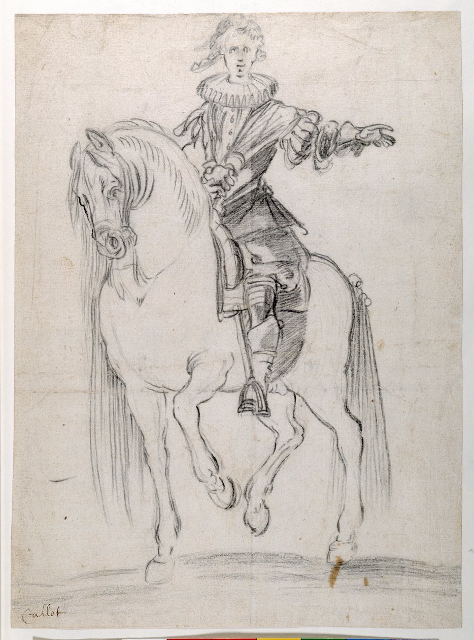 Esboço para Luís XIII a cavalo (giz preto sobre papel) de Jacques Callot