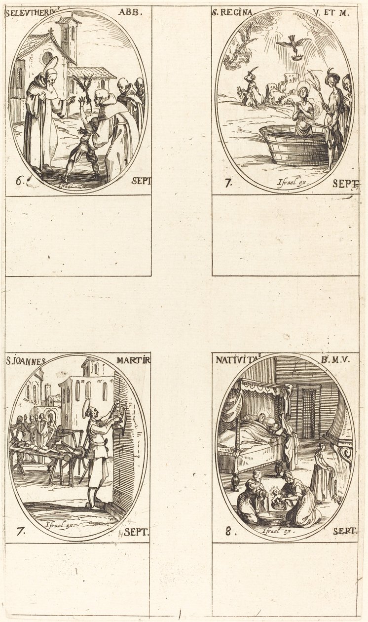São Eleutério, abade; Santa Regina; São João; A Natividade da Virgem de Jacques Callot