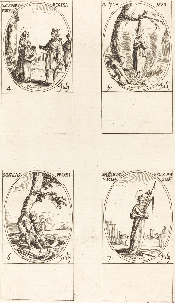 Santa Isabel de Portugal, Santa Zoe, São Isaías, Profeta, Santa Edelburge. de Jacques Callot