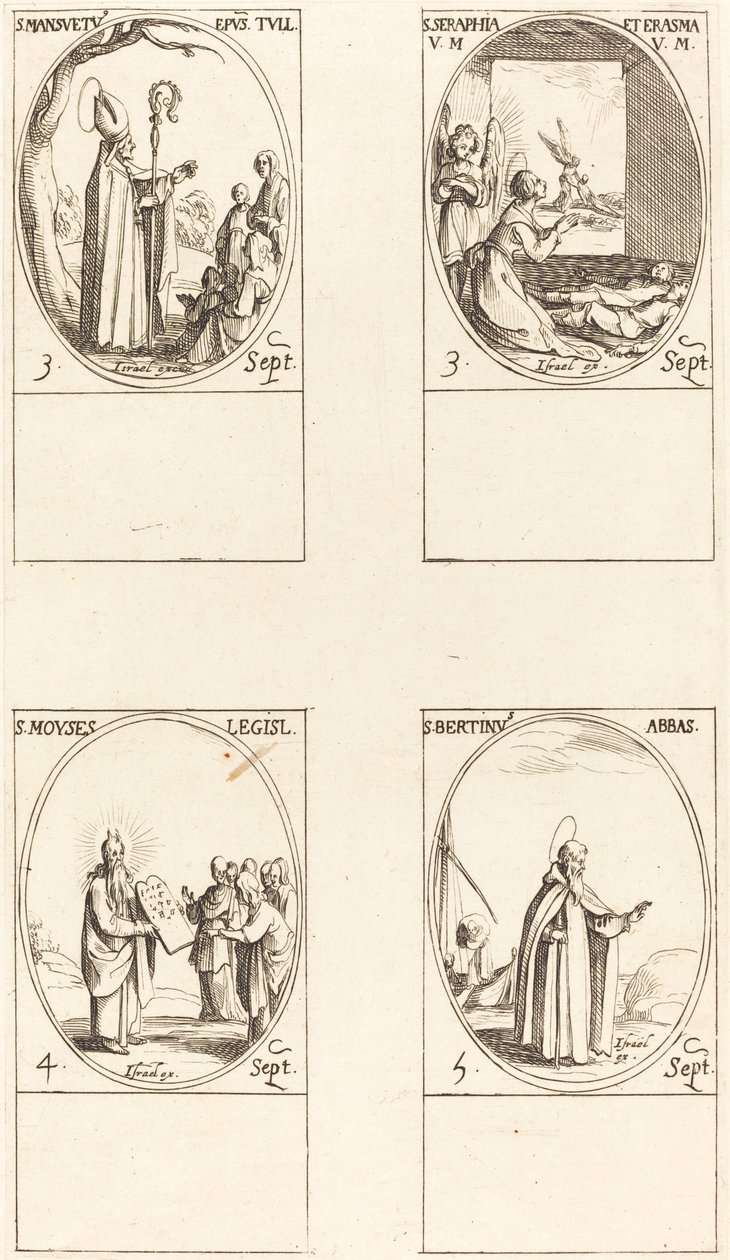 São Luís Mansueto; Sts. Serápia e Erasmus; Moisés; São Luís Bertin, abade de Jacques Callot