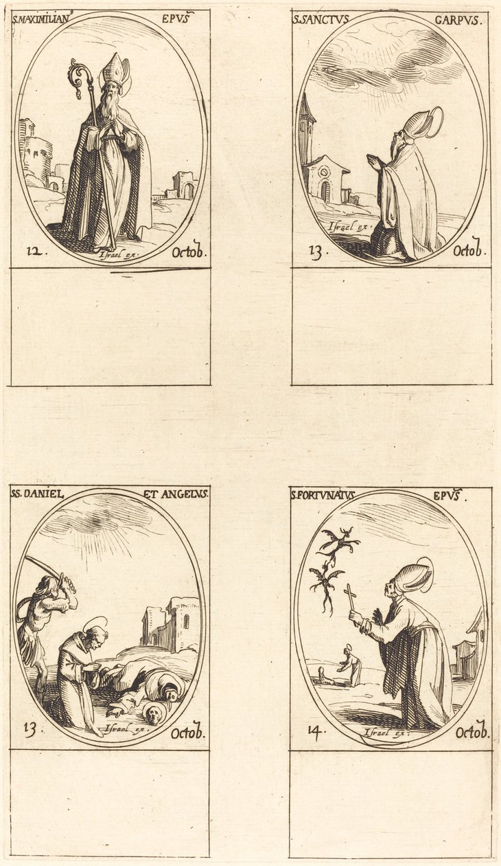 São Maximiliano, São Carpo, São Daniel e Angelus, São Fortunato. de Jacques Callot