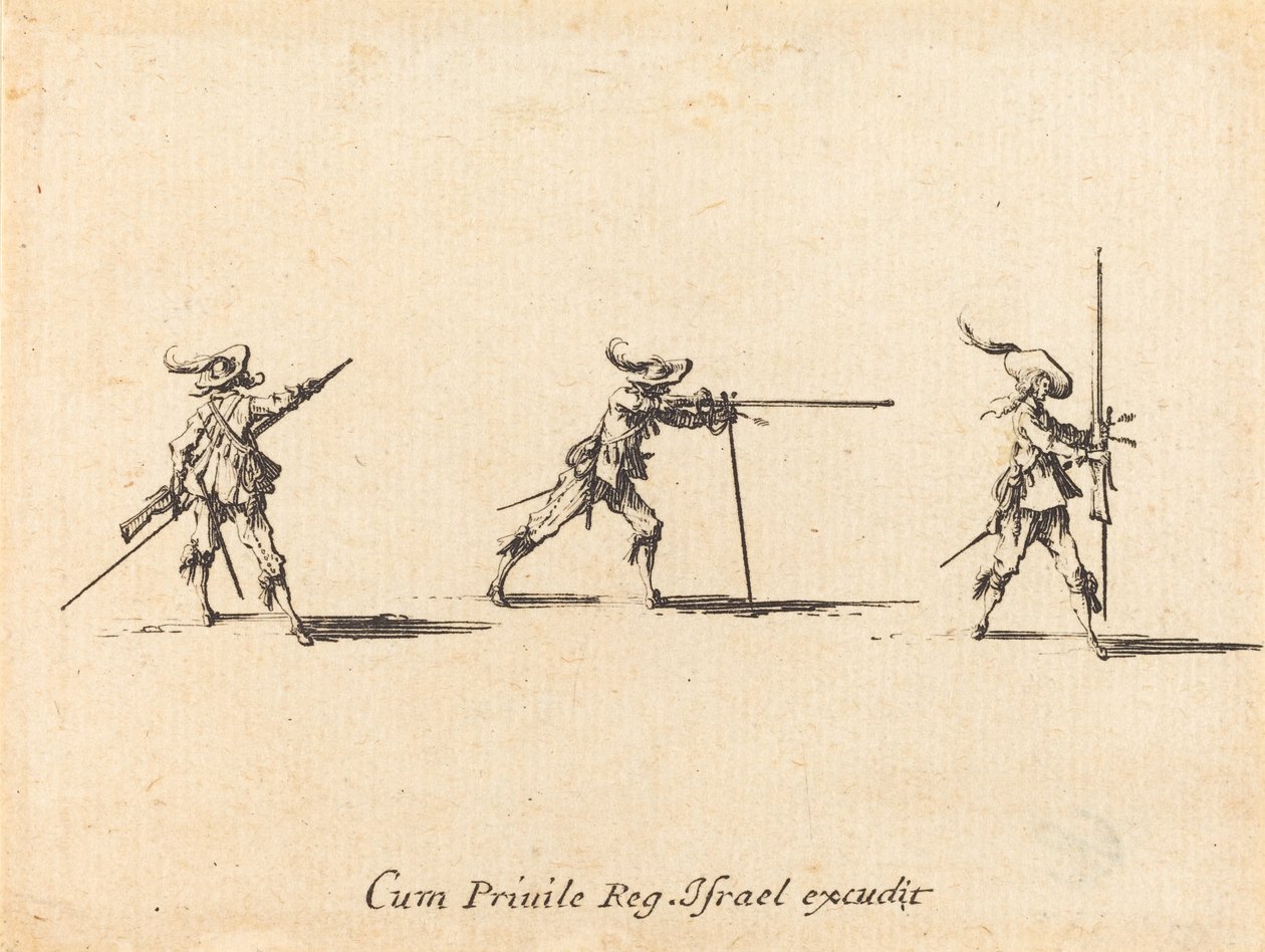 Tomando a posição de tiro com o mosquete de Jacques Callot