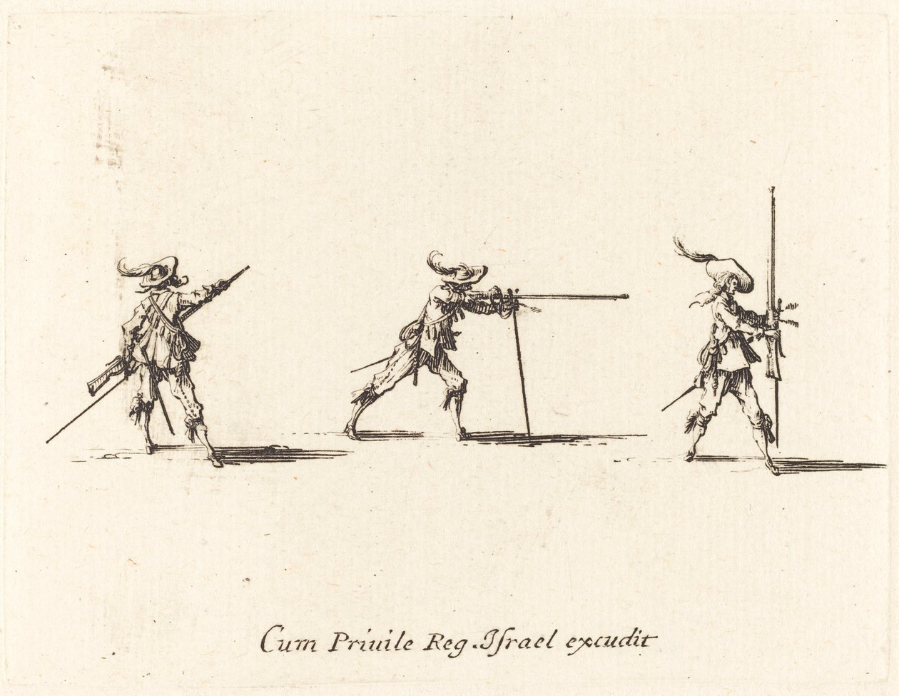 Tomando a posição de tiro com o mosquete de Jacques Callot