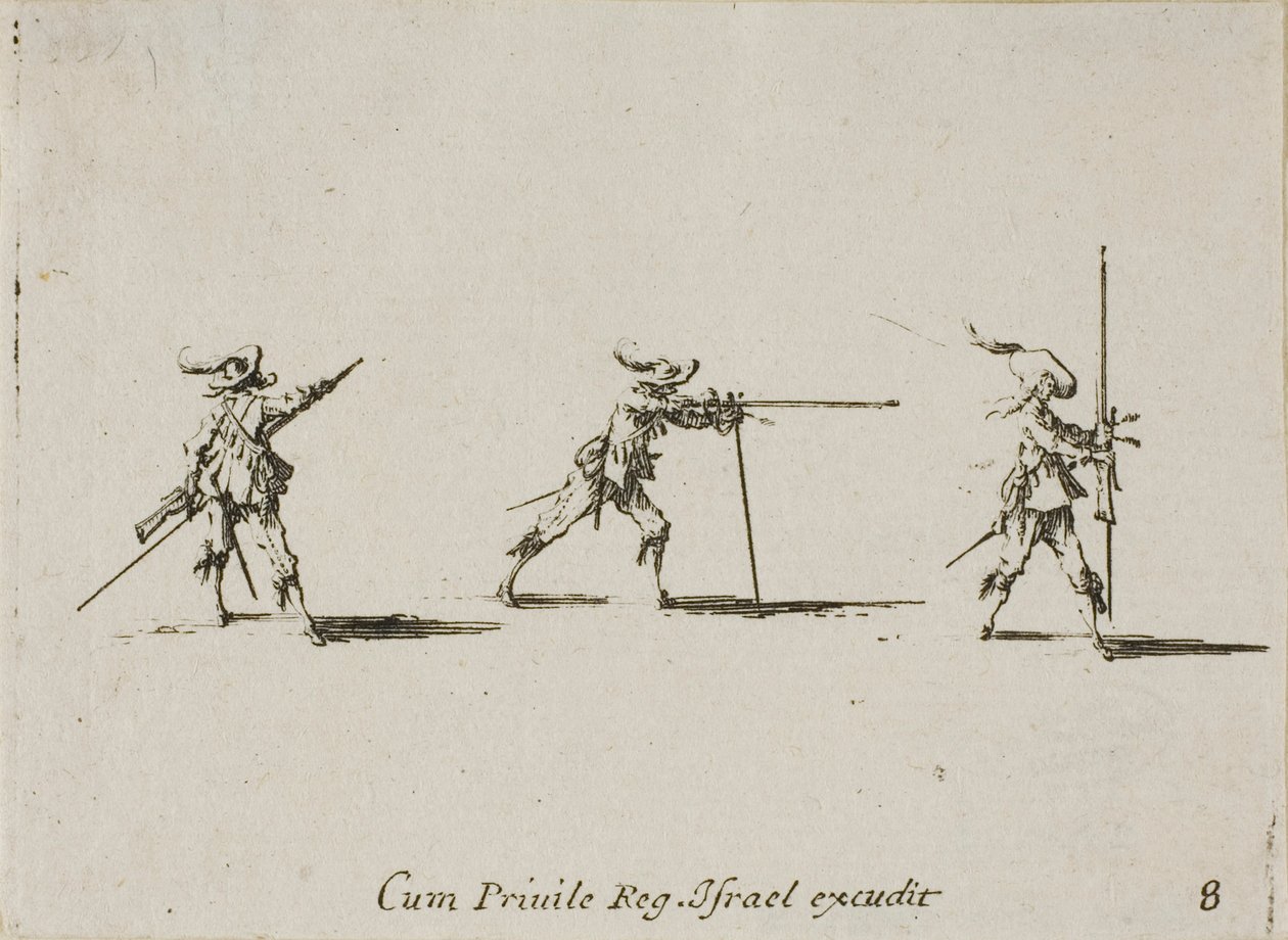 Tomando a Posição de Tiro com o Mosquete, placa oito dos Exercícios Militares de Jacques Callot